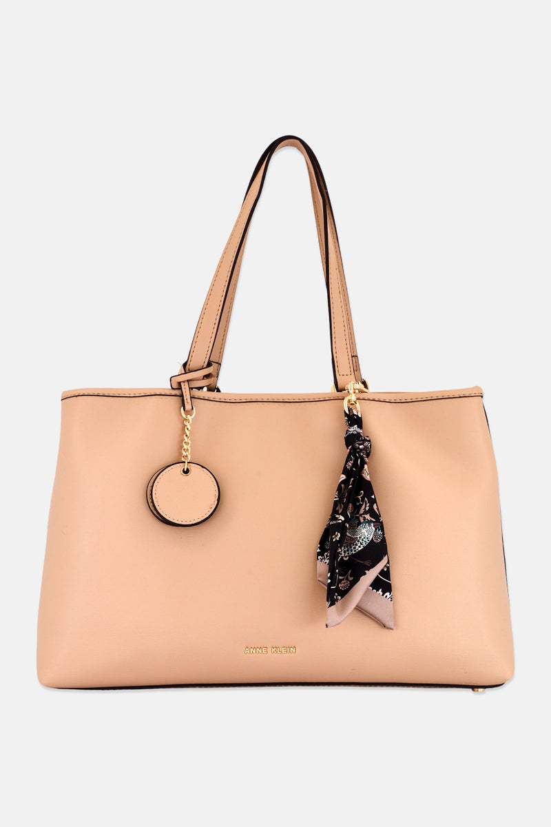 ANNE KLEIN Women Plain Tote Bag With Scarf Detail, Peach - Image 1